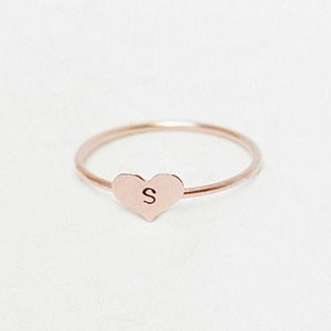Valentine&#39;s Day heart ring. personalized ROSE gold ring. initial ring. heart ring. hand stamped letter. custom initial jewelry. gift for her