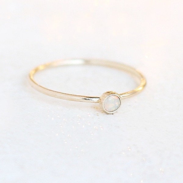 SOLID 14k gold opal ring. ONE delicate stackable birthstone ring. mothers ring. engagement ring.