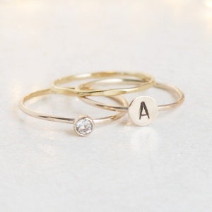 personalized gold stacking ring SET. initial ring. gold diamond ring. stackable rings. monogram ring gift for her. mothers ring. mothers day image 2