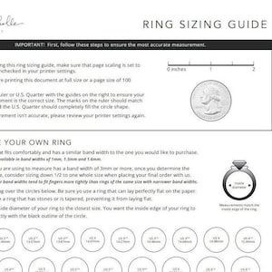 May include: A ring sizing guide with a ruler and a U.S. quarter for reference. The guide includes a chart with different ring sizes in millimeters and inches. The guide also includes instructions on how to measure your ring size.