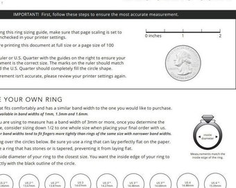 Tabla de tallas de anillos. Conversión de tamaño de anillo internacional. Medidor de anillos. Tabla de tallas de anillos imprimible para determinar la talla de su anillo en casa. PDF