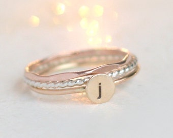 personalized initial stacking ring SET. mixed metal rings. rose, yellow gold & sterling silver stacking ring set. THREE rings. gift for her.