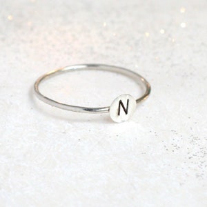 initial ring. 14k palladium white gold personalized initial ring. nickel free stacking ring. ONE hand stamped letter ring. custom letter. image 1