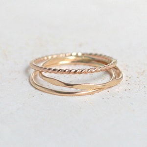 14k GOLD Fill Stacking Rings. Set of THREE Skinny Textured Boho Gold Stack Rings. Classic Minimalist Hammered Midi Knuckle Rings for Her 1mm