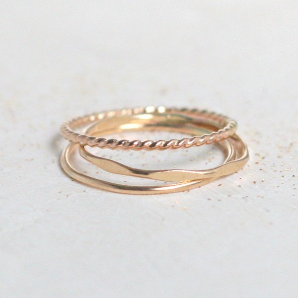 GOLD stacking rings. set of THREE boho gold filled slim stack rings. hammered. minimalist rings. 14k gold filled. knuckle ring. midi ring.