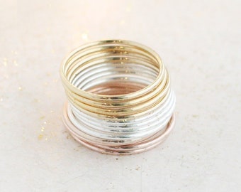 stacking rings. set of TWELVE. SILVER & GOLD stackable rings. mixed metal stack rings. maximalist rings. sterling silver, yellow, rose gold.