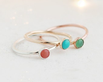 gemstone stacking ring SET. turquoise, chrysoprase and coral stone rings. sterling silver, gold, rose fill. THREE ring set. 1.3mm bands.