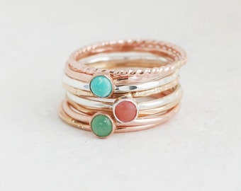gemstone stacking ring SET. turquoise, chrysoprase and coral stone rings. sterling silver, gold, rose fill. EIGHT ring set. 1.3mm bands.