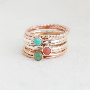 gemstone stacking ring SET. turquoise, chrysoprase and coral stone rings. sterling silver, gold, rose fill. EIGHT ring set. 1.3mm bands. image 1