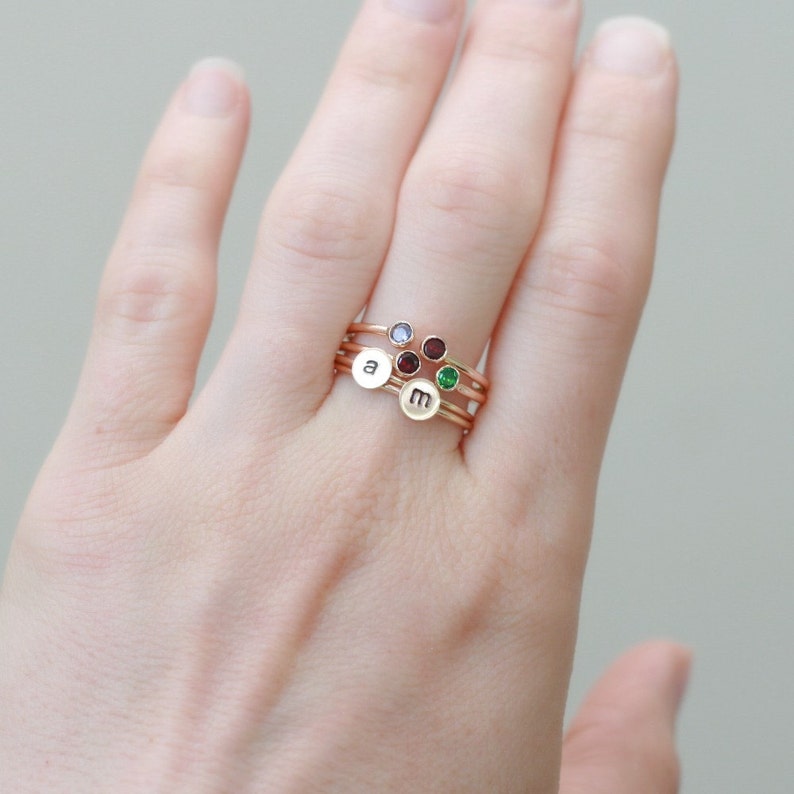 dual birthstone ring. GOLD. personalized two stone ring. gemstone couples ring. 14k gold-filled. horseshoe birthstone ring. stacking ring. image 10