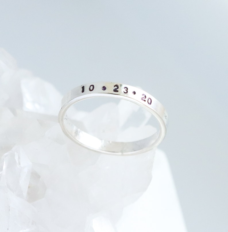 personalized date ring. custom sterling SILVER couples ring. wedding, anniversary band with name, initials, heart, infinity. mothers ring image 1