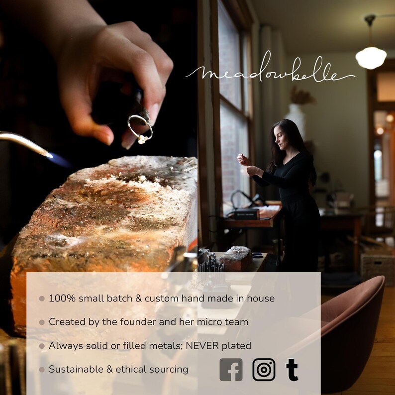 Image of the founder Erin Pech holding a necklace in the Meadowbelle Jewelry studio located in the historic Livestock Exchange Building in Kansas City's West Bottoms. The other half of the graphic shows a close up of the jewelry soldering bench, a hand holding a ring and a torch, creating jewelry. The graphic describes that the jewelry is small-batch and custom hand made, always solid, never plated, material sourcing is ethical and that Meadowbelle gives back to the community.