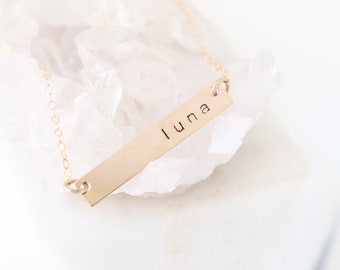 name bar necklace. sterling silver. yellow or rose gold fill. gift for her. personalized jewelry.