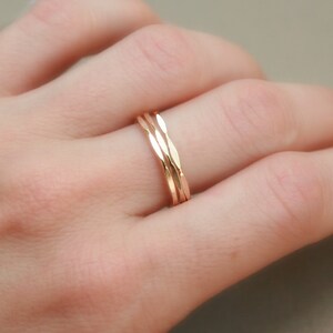 SOLID 14k gold or rose gold stacking ring. super skinny slim. hammered and shiny. ONE. classic gold stack ring. image 4