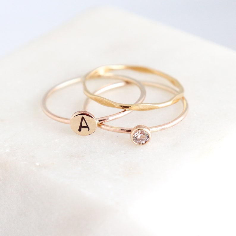 personalized gold stacking ring SET. initial ring. gold diamond ring. stackable rings. monogram ring gift for her. mothers ring. mothers day image 6