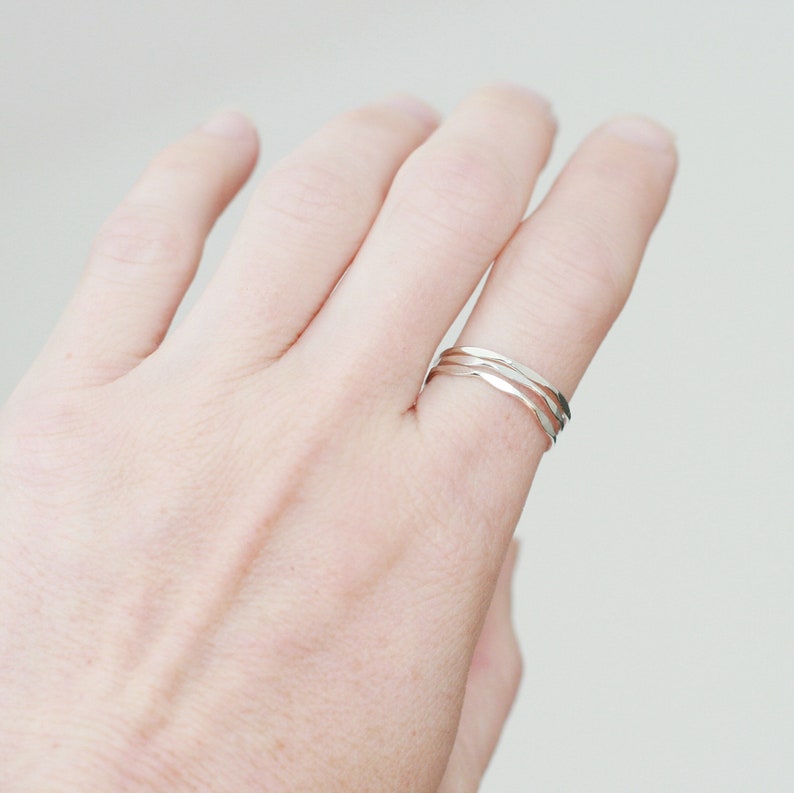 stacking rings. sterling silver. super skinny set of THREE. slim plain band stackable ring. hammered and shiny. stack ring set. image 3