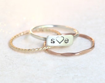 personalized ring. silver stacking ring SET. name, mother's ring. sterling silver gold rose gold. initial ring. monogram ring. best friends.