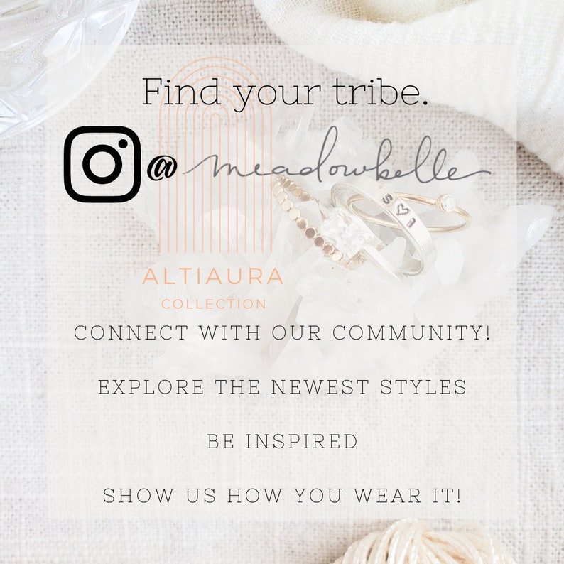 Social media graphic invitation to connect with Meadowbelle on Instagram @meadowbelle. Explore new styles, find inspiration and share how you wear meadowbelle jewelry. Graphic shows personalized initial and gemstone rings on a soft styled background.