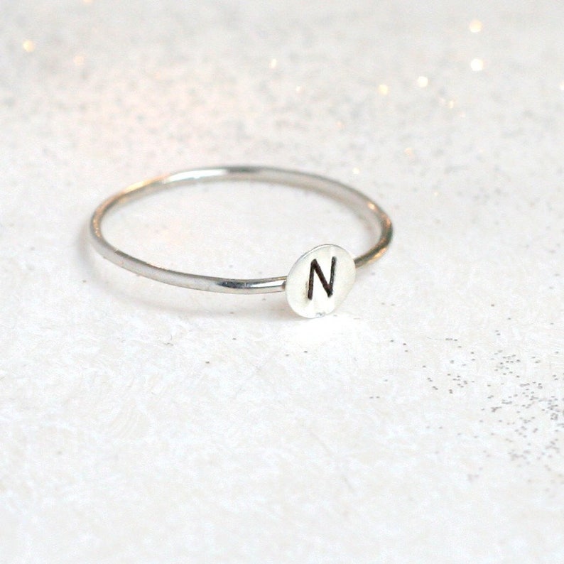 initial ring. 14k palladium white gold personalized initial ring. nickel free stacking ring. ONE hand stamped letter ring. custom letter. image 1