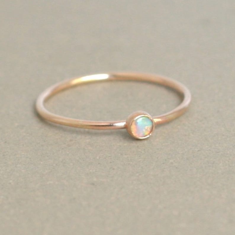 SOLID 14k gold opal ring. ONE delicate stackable birthstone ring. mothers ring. engagement ring. image 5