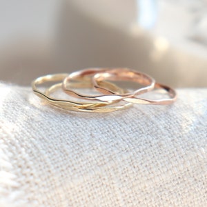 SOLID 14k gold or rose gold stacking ring. super skinny slim. hammered and shiny. ONE. classic gold stack ring. image 3