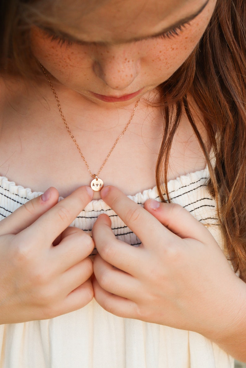 best friends gold initial necklace. couples necklace. simple gold disc necklace. mother's necklace. gift for her under 50. bridesmaid gift. image 9