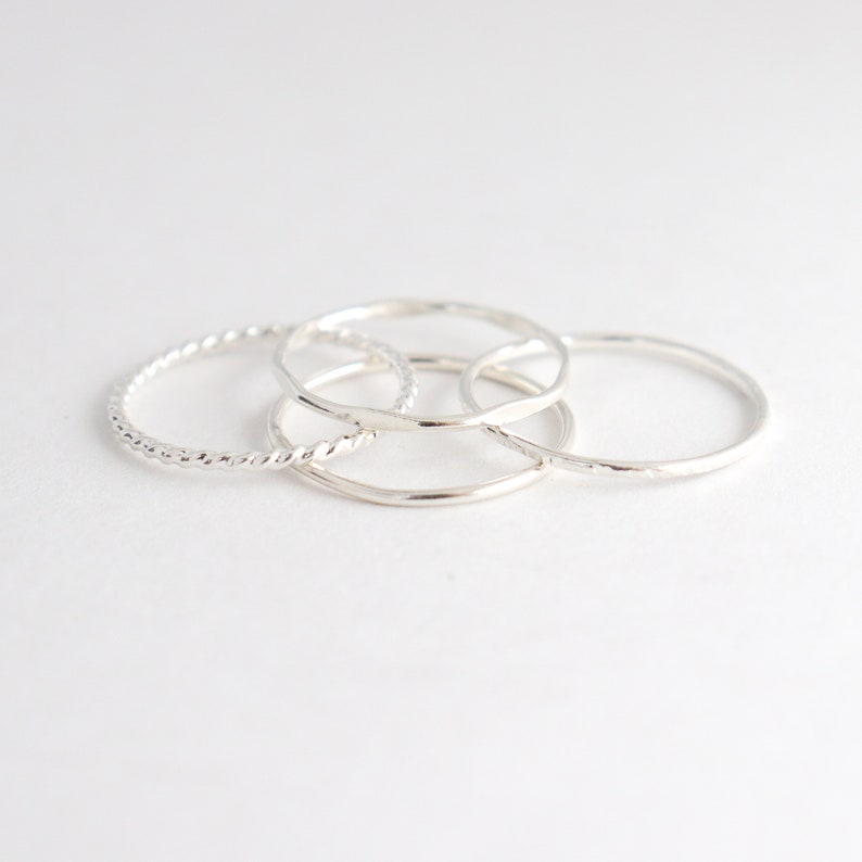 SILVER stacking rings. SET of four sterling silver rings. minimalist modern rings. skinny stack ring. hammered. knuckle ring. midi ring. image 4