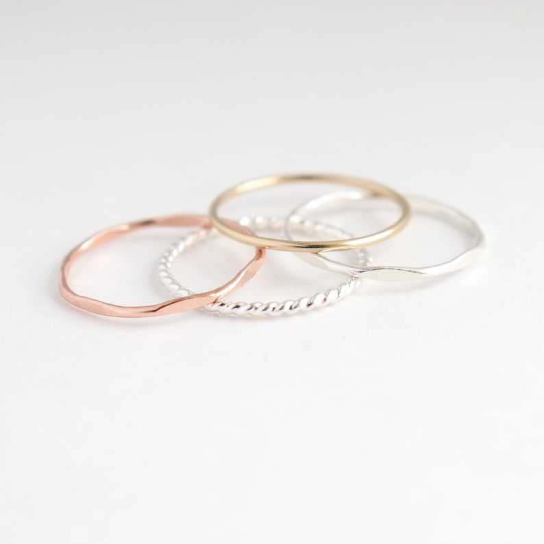 stacking ring set. SILVER & GOLD stacking rings. FOUR mixed metal stack rings. minimalist rings. sterling silver, yellow, rose gold rings. image 7