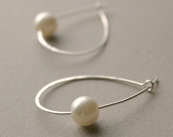 hoop earrings. sterling silver pearl hoops. classic hoops for her. delicate, hammered hoops. gift for her. gift under 25