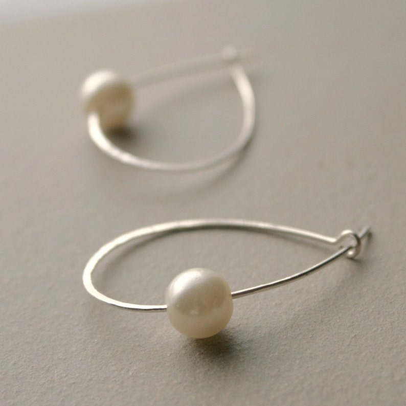 hoop earrings. sterling silver pearl hoops. classic hoops for her. delicate, hammered hoops. gift for her. gift under 25 image 1