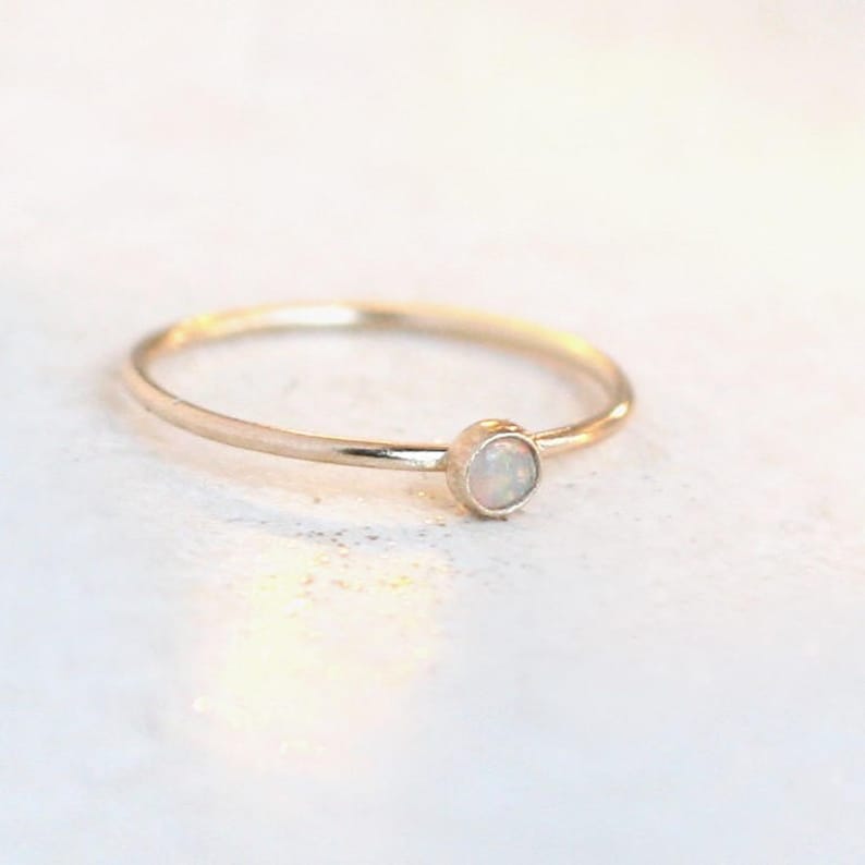 SOLID 14k gold opal ring. ONE delicate stackable birthstone ring. mothers ring. engagement ring. image 2