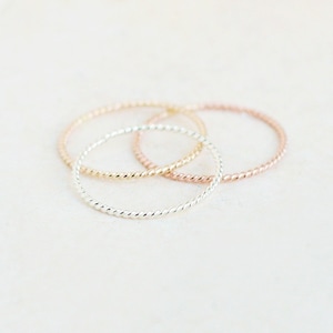 twist rope stacking ring. GOLD, ROSE or SILVER stackable ring. twist ring skinny slim. 14k gold fill rose or sterling silver stack ring. 1mm