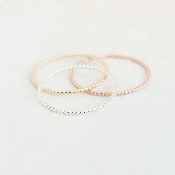 twist rope stacking ring. GOLD, ROSE or SILVER stackable ring. twist ring skinny slim. 14k gold fill rose or sterling silver stack ring. 1mm