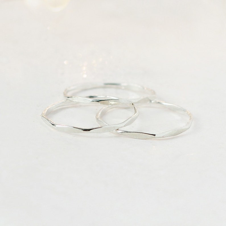 stacking rings. sterling silver. super skinny set of THREE. slim plain band stackable ring. hammered and shiny. stack ring set. image 2