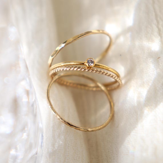 GOLD diamond stacking ring set of FOUR. stackable rings. boho jewelry. skinny stacking rings. cz diamond gemstone. hammered, textured bands.