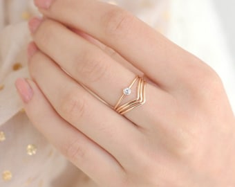 gold ring set of FOUR. chevron diamond ring. gold filled stacking rings. engagement ring wedding ring set. modern geometric gold rings..