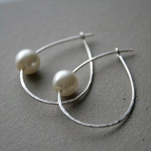 hoop earrings. sterling silver pearl hoops. classic hoops for her. delicate, hammered hoops. gift for her. gift under 25 image 4