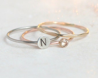 personalized stacking rings. SOLID 14k gold birthstone gemstone ring. initial ring. stackable rings. palladium white gold, yellow, rose gold