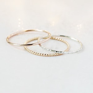 stackable rings SET of THREE stacking bands. minimalist hammered boho rings. knuckle midi rings. gold filled, sterling silver, rose fill 1mm