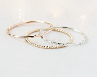 Stackable Rings SET of THREE Minimalist Stacking Bands. Slim Boho Hammered Stacker for Knuckle, Midi. Gold Fill, Sterling Silver, Rose 1mm
