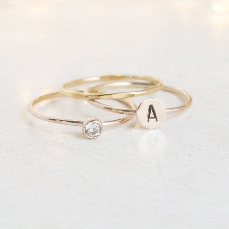 personalized gold stacking ring SET. initial ring. gold diamond ring. stackable rings. monogram ring gift for her. mothers ring. mothers day image 2