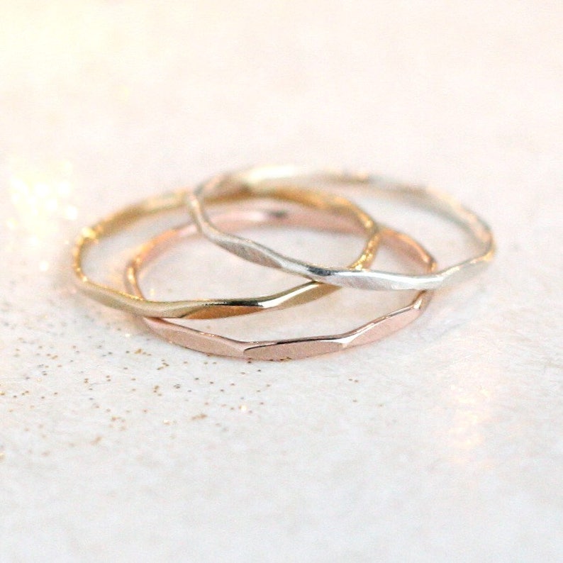 stacking rings. THREE gold filled, rose gold filled or sterling silver stackable rings. minimalist rings. hammered textured ring. stack ring 1 of each metal
