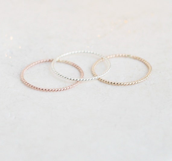 Twist rope stacking ring. GOLD ROSE or SILVER stackable ring Think Positive Stardust Reloj de Pulsera para Mujer (Talla