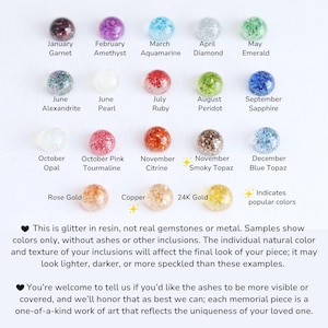 May include: A color chart featuring twenty-one circular resin samples with glitter, labeled by birthstone months including January Garnet through December Blue Topaz, plus Rose Gold, Copper, and 24K Gold. Text explains these are resin samples.