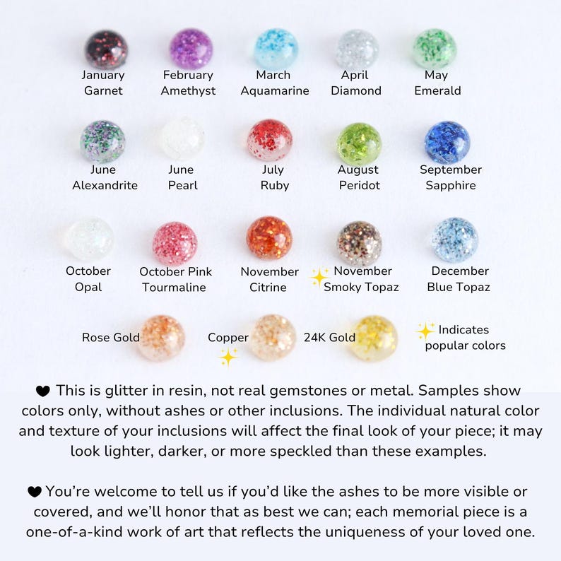 May include: A color chart featuring twenty-one circular resin samples with glitter, labeled by birthstone months including January Garnet through December Blue Topaz, plus Rose Gold, Copper, and 24K Gold. Text explains these are resin samples.