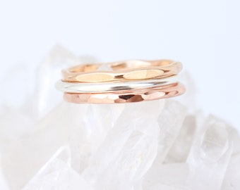 THREE stacking rings. chunky GOLD & SILVER textured statement ring. stacked mixed metal set. sterling silver, yellow, rose filled. 1.6mm