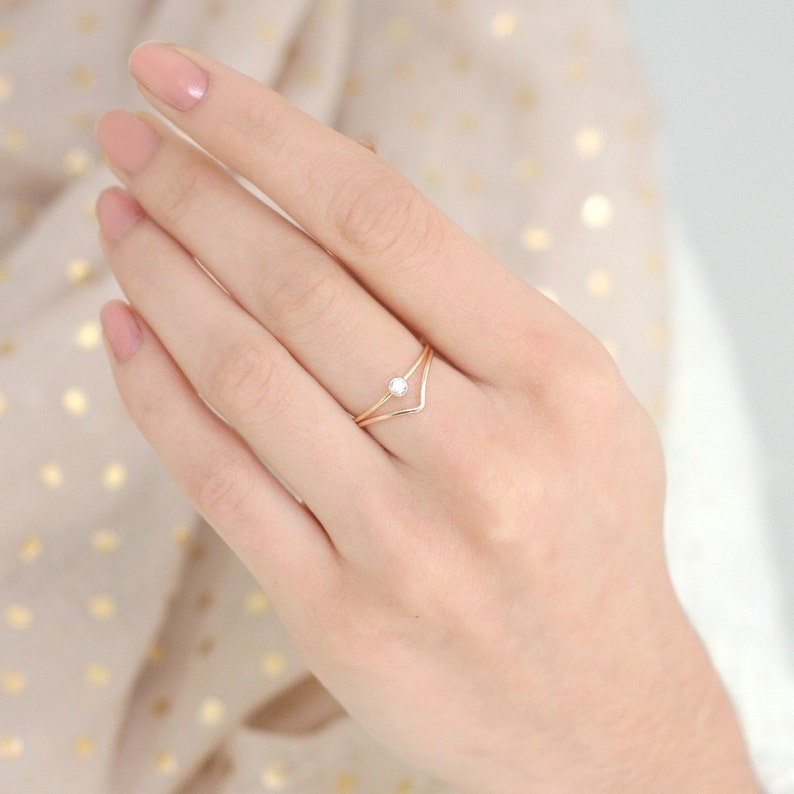 SOLID 14k gold ring set. chevron diamond ring. stackable wedding rings. engagement ring. wedding ring set. geometric stackable wedding bands image 2