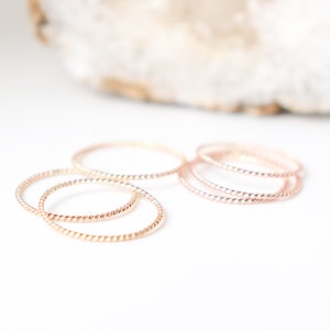 SOLID 14k gold twist rope stacking ring. GOLD or ROSE stackable ring. 1mm twist ultra thin ring. minimalist wedding band. thin rope ring.