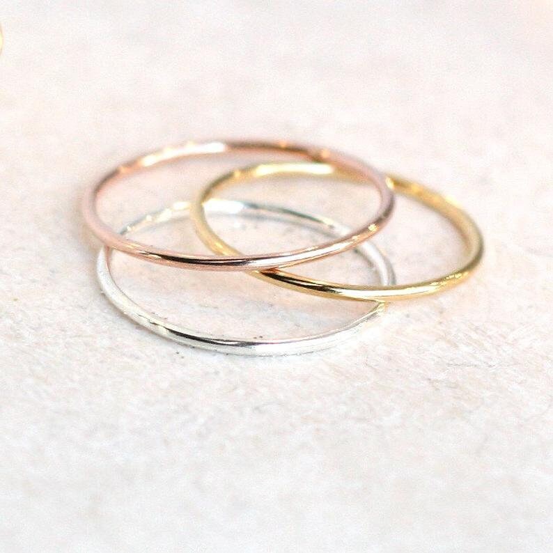 stacking rings set of THREE. sterling silver, rose and yellow gold fill. knuckle ring. minimalist stackable ring. dainty hammered stack ring image 3