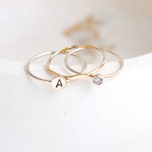 personalized gold stacking ring SET. initial ring. gold diamond ring. stackable rings. monogram ring gift for her. mothers ring. mothers day image 7